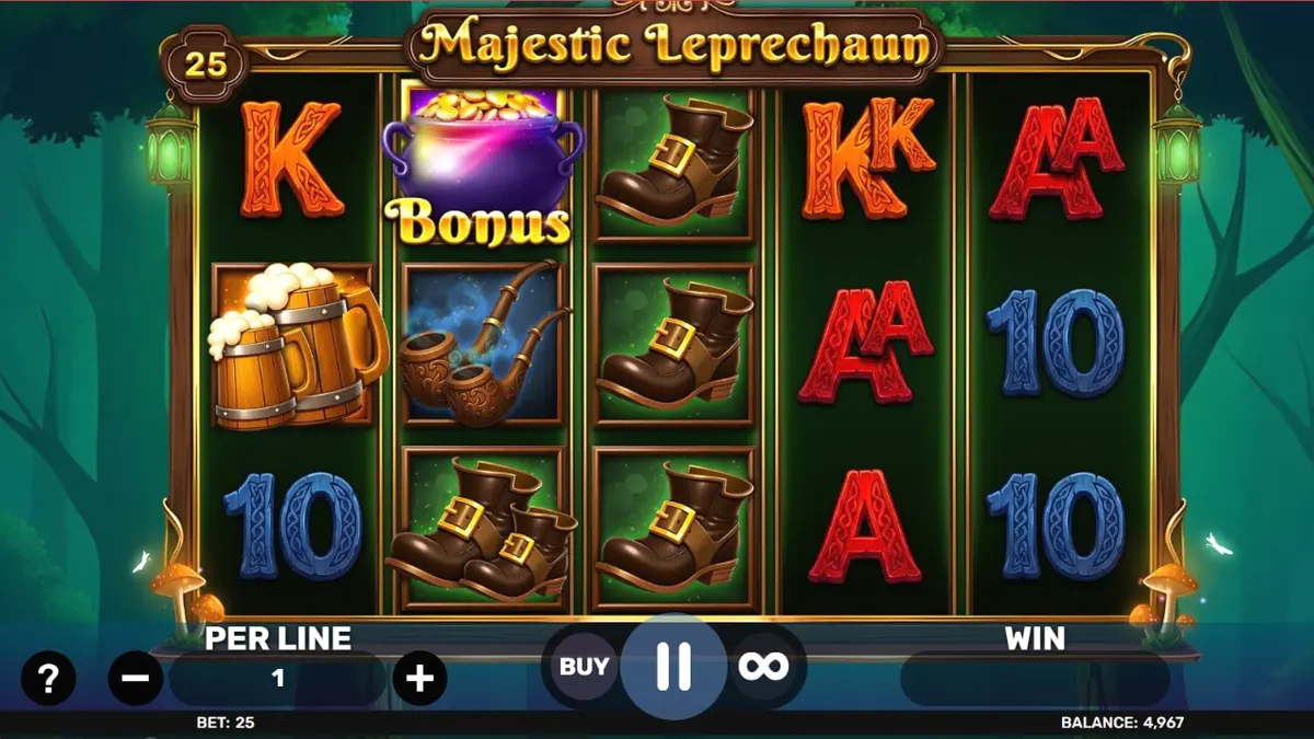 Cenário vibrante e mágico do slot Majestic Leprechaun com elementos de folclore irlandês