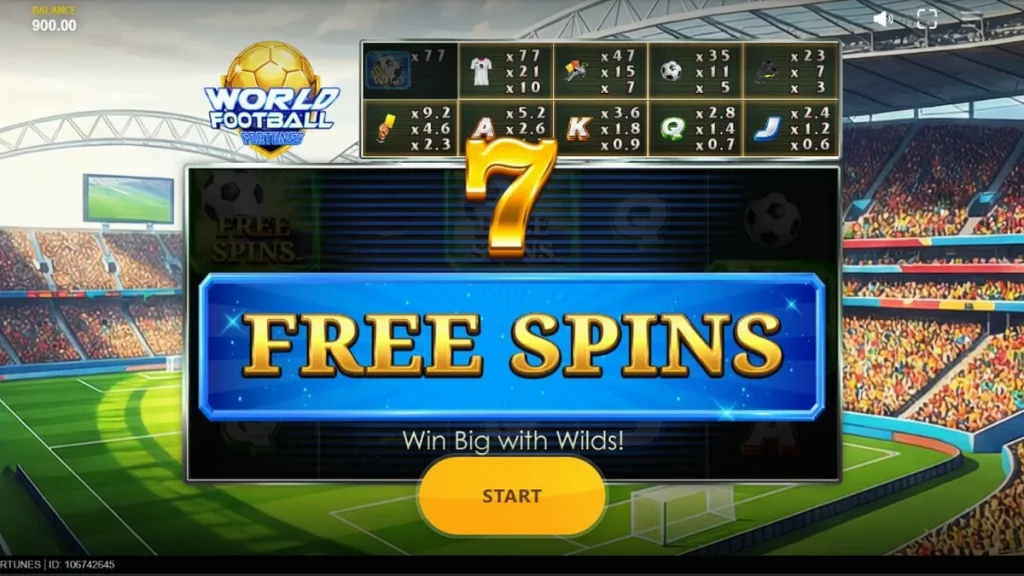 Interface do jogo de slot World Football Fortunes com temática de estádio de futebol