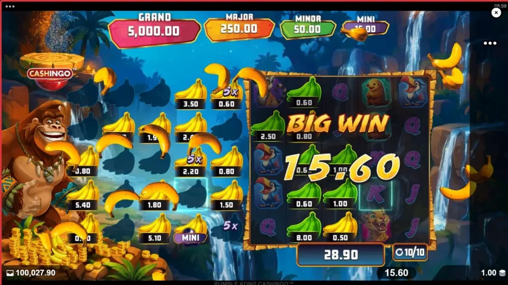Rumble Kong Cashingo slot machine interface com tema de gorila e cidade neon