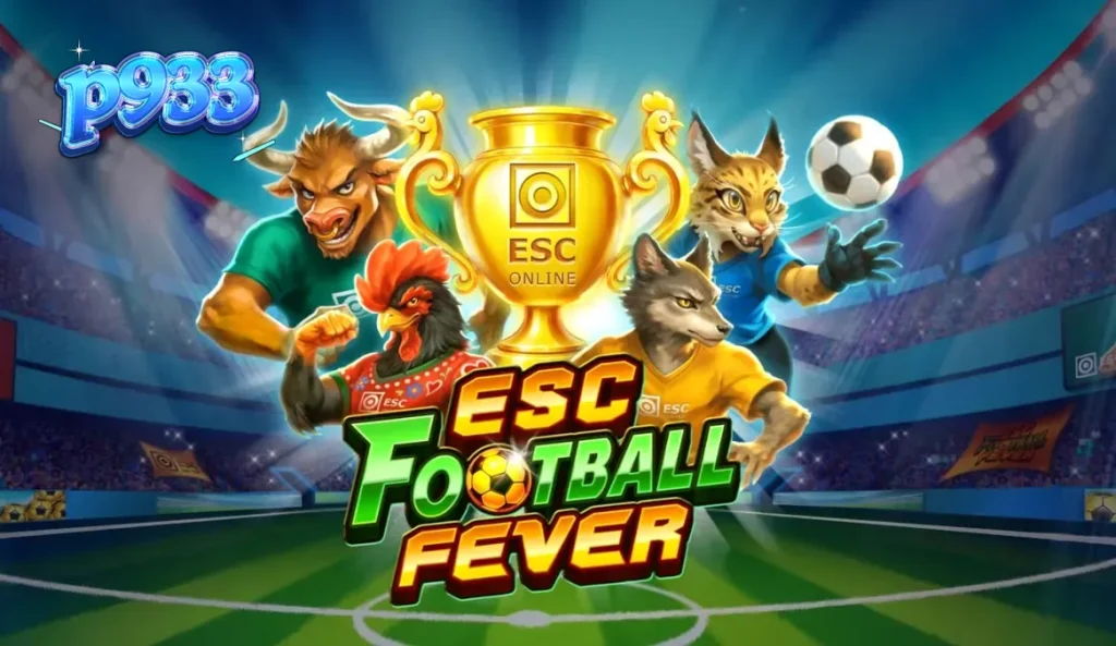 Interface do slot ESC Football Fever com elementos de estádio e futebol.